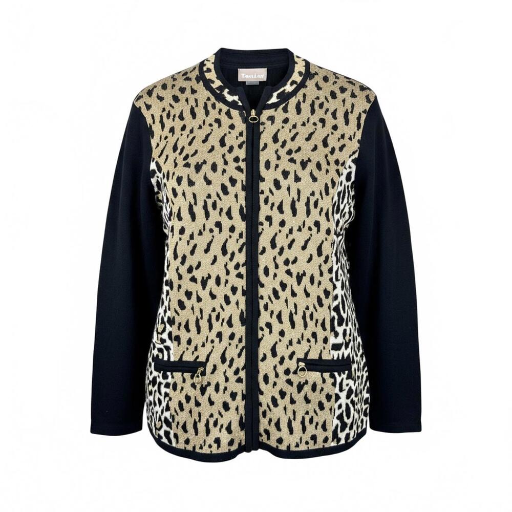 TanJay Women's Animal Print Zip-Up Cardigan Jacket XL Cheetah Leopard Black Gold